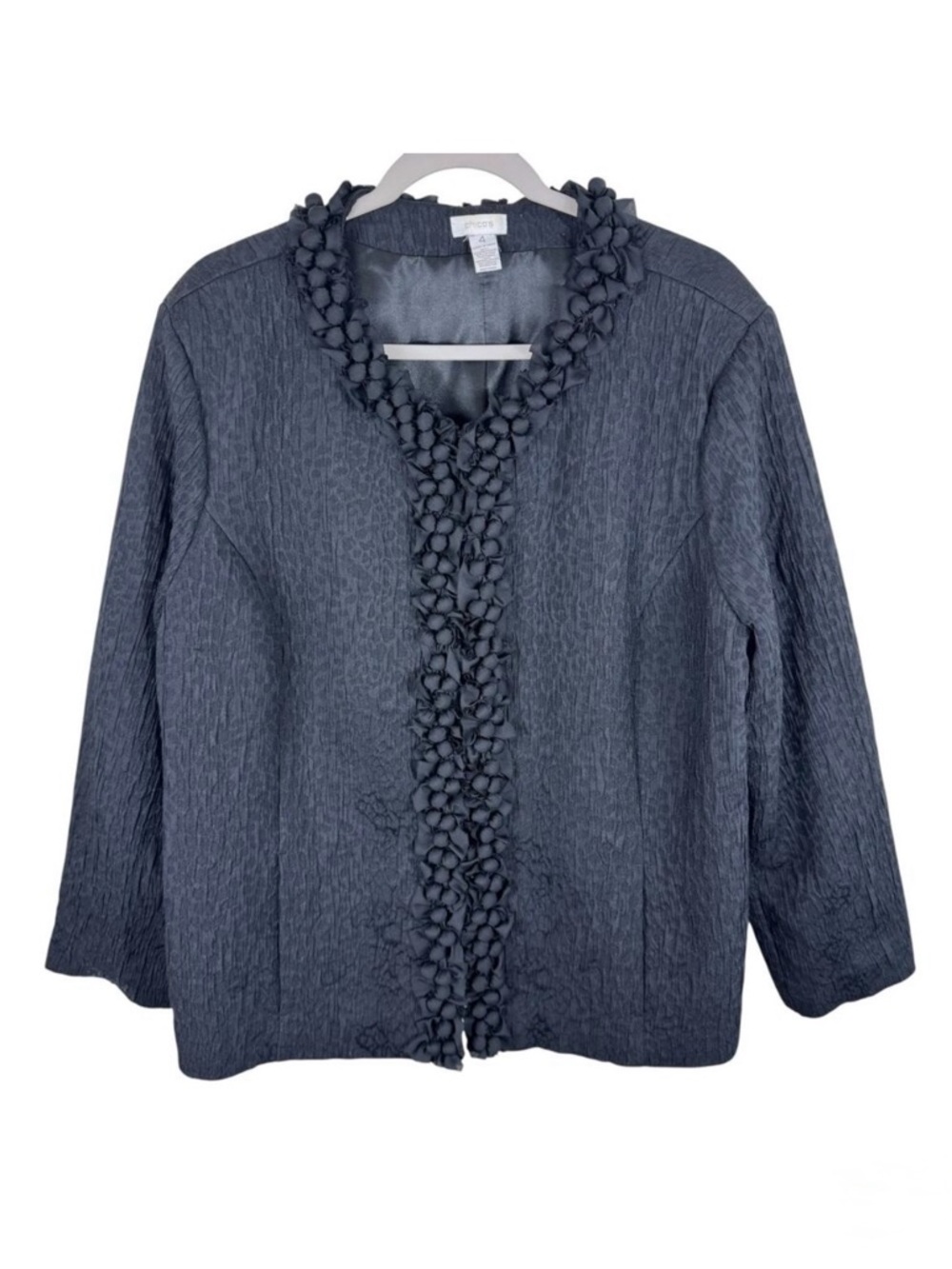 Chico's Black Forget Me Not Textured Crew Neck Hook Closure Lined Jacket Sz XXL
